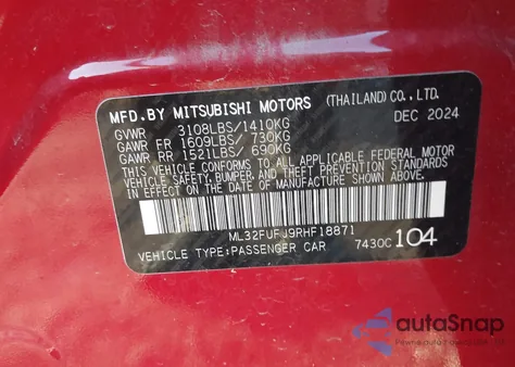 2024 Mitsubishi Mirage G4 Black Edition/Es/Le из США, поврежденный, VIN ML32FUFJ9RHF18871